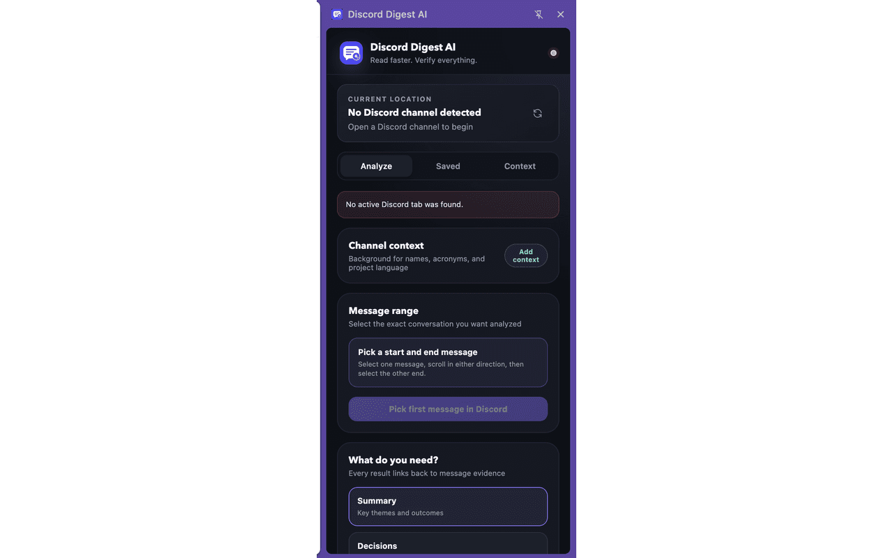 Discord Digest AI side panel showing the landing screen in Discord