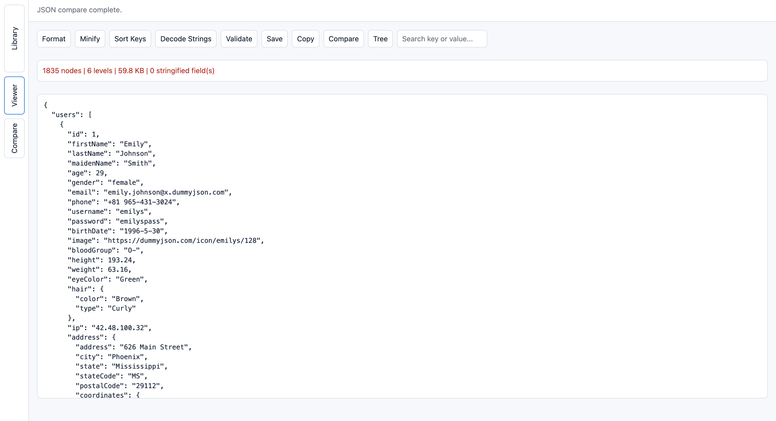 JSON Workbench showing a formatted JSON workspace