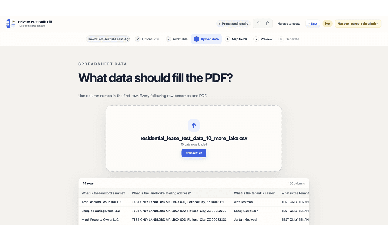 Private PDF Bulk Fill showing a PDF template ready for field setup