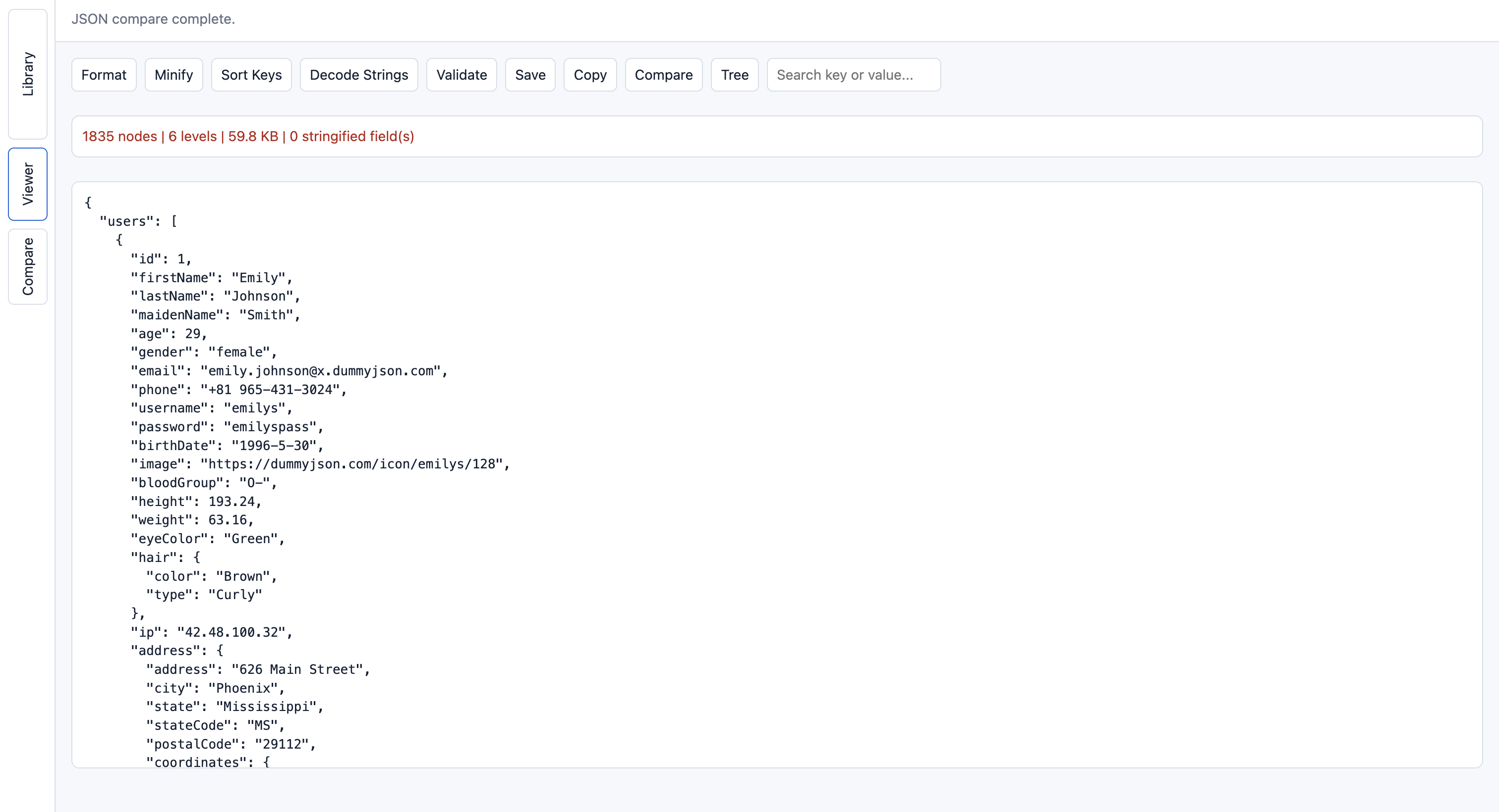 JSON Workbench showing a formatted JSON workspace